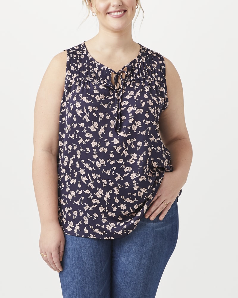 Front of plus size Penny Sleeveless Printed Pintucked Top by Molly&Isadora | Dia&Co | dia_product_style_image_id:152041